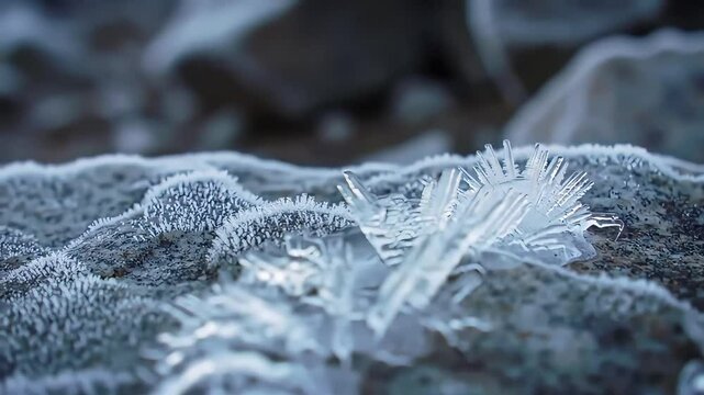 Frost Crystals on Rock Surface Macro Winter Texture