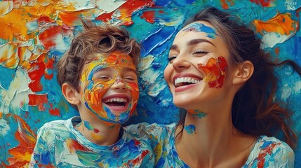Joyful mother and child laughing with colorful paint smeared on their faces and clothes against a vibrant abstract painted background