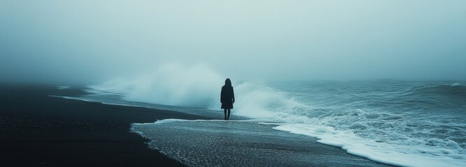 Solitary figure standing by the ocean on a misty morning, contemplating the vast waves and dark beach while surrounded by fog