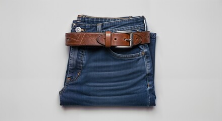 blue jeans with a belt isolated on light gray background 