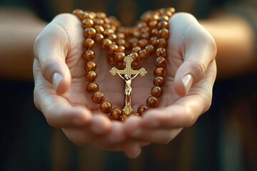 Close-up of hands gently holding a wooden rosary with a detailed golden crucifix symbolizing faith and devotion