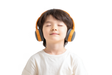 A joyful child wearing orange headphones with closed eyes. enjoying music in a bright. minimalistic setting. conveying happiness and tranquility. ideal for educational or lifestyle content