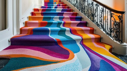 Obraz premium Colorful abstract carpet flowing down a grand staircase in a luxurious building.