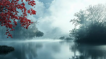 Serene misty lake scene with red-leafed tree, reflecting tranquil water, and fog-shrouded trees - Powered by Adobe