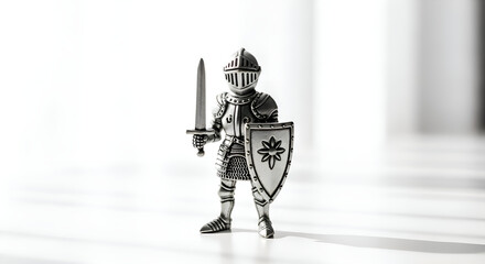 Tiny knight in shining armor holding a sword and shield, minimal white background
