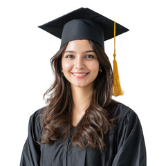 A joyful graduate wearing a black cap and gown. smiling confidently at the camera. with a neutral background. symbolizing achievement and celebration in education