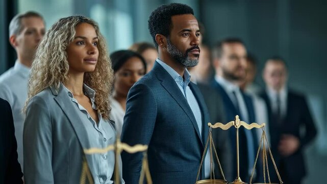 Diverse legal team stands with scales of justice symbolizing equality and fairness
