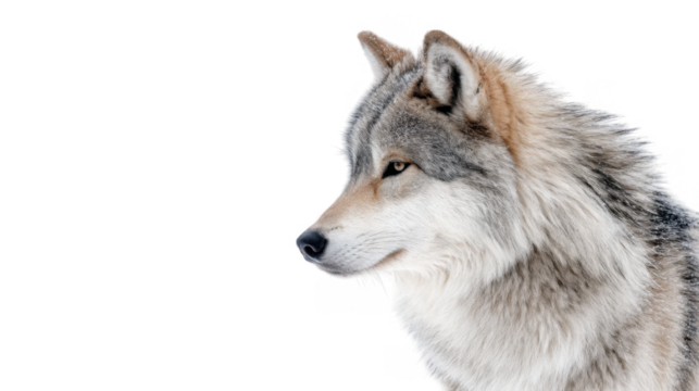 A close-up portrait of a majestic wolf showcasing its thick fur and piercing gaze against a pristine white snowy background. capturing the essence of wildlife in its natural habitat - Powered by Adobe
