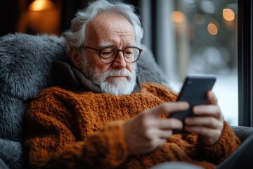 Elderly man with white hair and beard wearing glasses and a thick orange sweater relaxing on a cozy chair while using a smartphone near a window with soft warm lighting