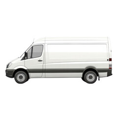 Side view of a white delivery van with black trim against a white background