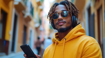 young man in yellow hoodie wearing sunglasses and headphones holding a smartphone in an urban street setting with a confident expression