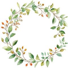 Naklejka premium Watercolor wreath of green and brown leaves with small orange buds around it