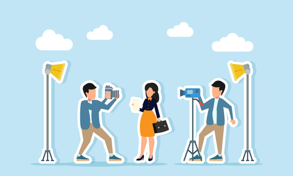 Two photographers operate their cameras during a professional photo session with a woman posing as a businesswoman illustration of shooting for news or personal branding content