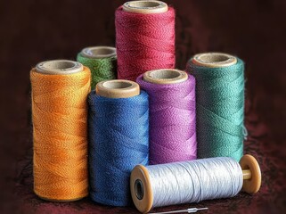 Colorful sewing threads in various colors including orange, blue, purple, green, red, teal, and white arranged on a dark background with a sewing needle in front