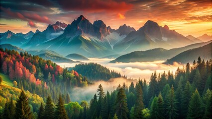 Obraz premium Mountain Landscape at Sunset with Fog