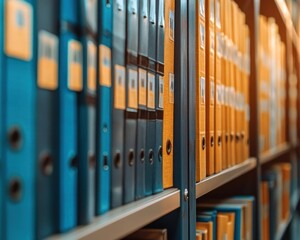 Close-up view of neatly organized blue and yellow office binders lined up on metal shelves in a well-lit storage or archive room
