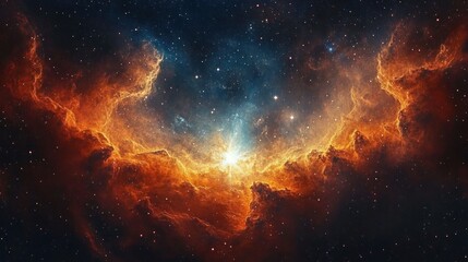 Naklejka premium Vibrant cosmic nebula glowing with intense fiery orange and soft blue hues surrounding a bright central star in deep space