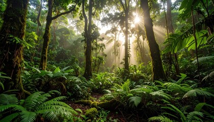 Sunlight filters through dense jungle foliage, illuminating lush greenery in a tranquil rainforest scene. Nature's beauty at its finest.