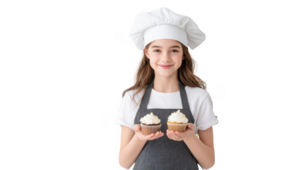A young girl wearing a chef's hat and apron proudly holds two beautifully decorated cupcakes. showcasing her baking skills in a bright. minimalist kitchen setting with a clean background
