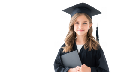 A young girl in a graduation cap and gown smiles proudly while holding her diploma. symbolizing achievement and celebration in an elegant. minimalist setting