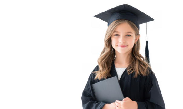 A young girl in a graduation cap and gown smiles proudly while holding her diploma. symbolizing achievement and celebration in an elegant. minimalist setting - Powered by Adobe
