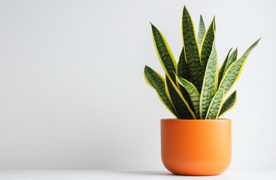 Snake plant in orange pot against white background