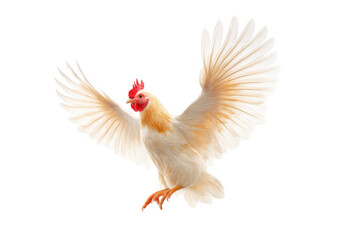 A majestic white chicken with golden feathers soaring gracefully against a bright white background. capturing the essence of freedom and vitality in a serene moment