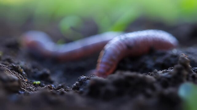 Earthworm crawling on the soil in the garden, selective focus shot