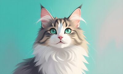 Beautiful Maine Coon Cat Portrait with Turquoise Background, Digital Art Style