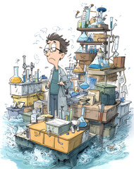 Overwhelmed Scientist Amidst Flooded Lab Filled with Colorful Glassware