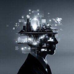 Silhouette of a person with superimposed digital information, suggesting innovation and technology