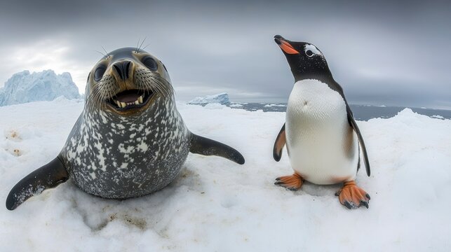 Leopard seal and Gentoo penguin on Antarctic ice. - Powered by Adobe