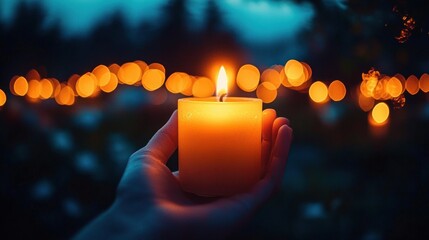 A hand holding a lit candle with warm orange glowing lights blurred in the dark background conveying calm and hope