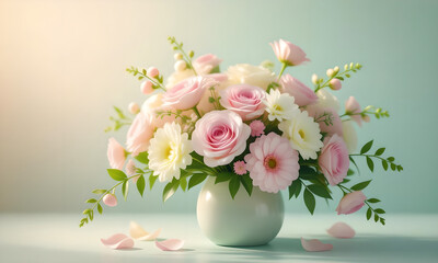 Obraz premium Elegant floral arrangement: Pink roses and white gerbera daisies in vase.