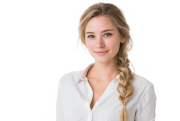 A young woman with a braided hairstyle smiles warmly at the camera while wearing a white button-up shirt. set against a clean white background. ideal for portrait photography or lifestyle imagery