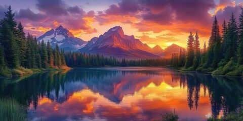 Vibrant sunset over mountain range with pine trees reflected in calm lake water creating a serene and majestic natural landscape