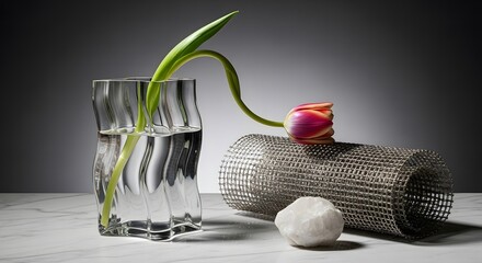 Arrangement of Tulip Flower In Water Vase With Decorative Stone Cylinder And White Pebble For Interior Design