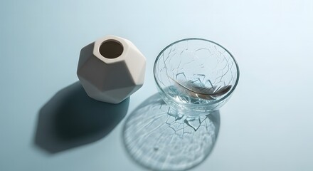 Minimalist Still Life Arrangement Featuring a Geometric Vase a Clear Glass Bowl and Subtle Shadows on a Pale Blue Background