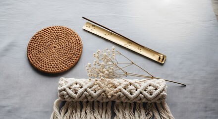 Bohemian Rattan and Macrame Home Decor Flat Lay with Linen Fabric and Golden Accents An Artful Aesthetic Arrangement