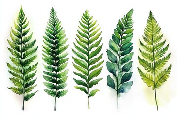 Five green fern leaves painted in watercolor, each with different shapes and shades of green on a white background, evoking natural beauty and serenity