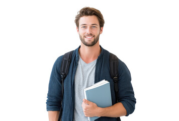Young man smiling confidently while holding a stack of books. wearing a backpack. in a bright and minimalistic indoor setting. ideal for educational or lifestyle themes
