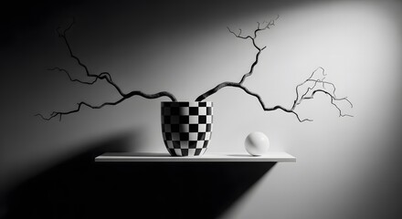 Dramatic Still Life A Checkerboard Vase with Branches and a Sphere on a Shelf AI Generated Composition