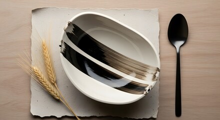 Rustic Ceramic Bowl With Artistic Brush Strokes And a Spoon Resting on Paper: A Study in Natural Still Life