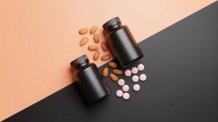 Stock photo of black supplement bottles with almonds and pink pills