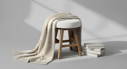 Elegant Wooden Stool with Plush White Cushion and Cozy Blanket a Warm and Inviting Display Piece for Modern Interiors