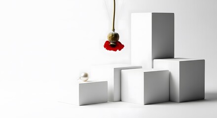 Minimalist Still Life with White Cubes and Red Flower a Study in Simplicity and Elegance of Form and Color
