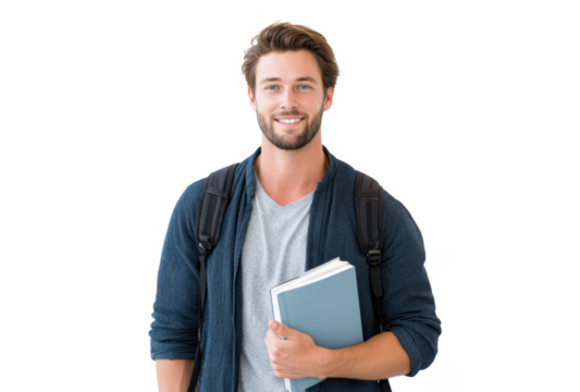 Young man smiling confidently while holding a stack of books. wearing a backpack. in a bright and minimalistic indoor setting. ideal for educational or lifestyle themes