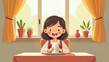 Illustration of happy cartoon girl drinking milk at table by sunny window with potted plants in the background, World Milk Day celebration concept