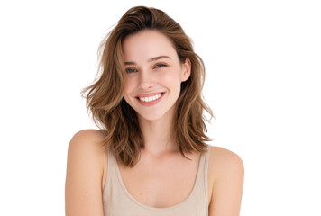 Fototapeta premium A cheerful young woman with medium-length brown hair smiles warmly at the camera. showcasing her natural beauty in a bright. minimalistic setting. ideal for lifestyle and beauty content