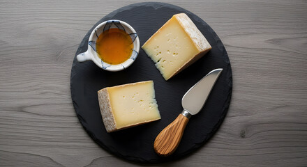 Artisan Cheese Platter with Honey and Knife on Dark Slate Background Delicious Food Preparation and Healthy Eating AI Generated